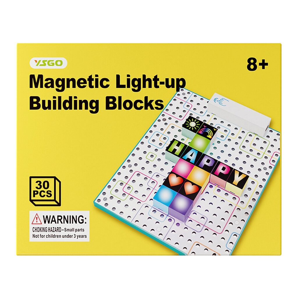 Yellow front-panel packaging artwork for a magnetic light-up block set