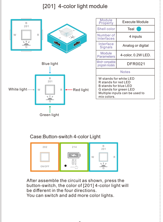 Manual diagram showing switch, power and four-color light modules connected for an activity