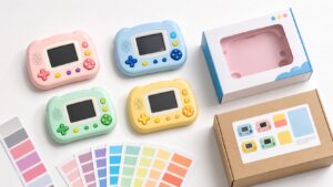 Color variants of interactive educational toy housings alongside Pantone swatch cards and retail and wholesale packaging mockups on a product development desk.