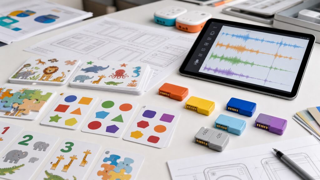 Educational learning card sets with illustrated graphics and colorful insertable electronic cartridges on a product development table with audio waveform display