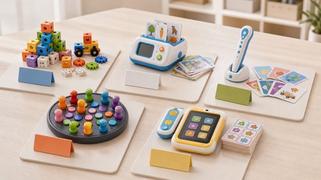 Interactive educational toy product categories arranged as a supplier capability matrix with STEM blocks, card learning player, smart pen, memory game, and early-learning device.