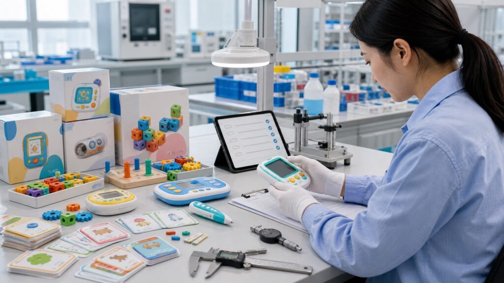 Quality-control lab scene with electronic educational toy samples, STEM blocks, learning cards, packaging samples, inspection tools, and a tablet checklist.