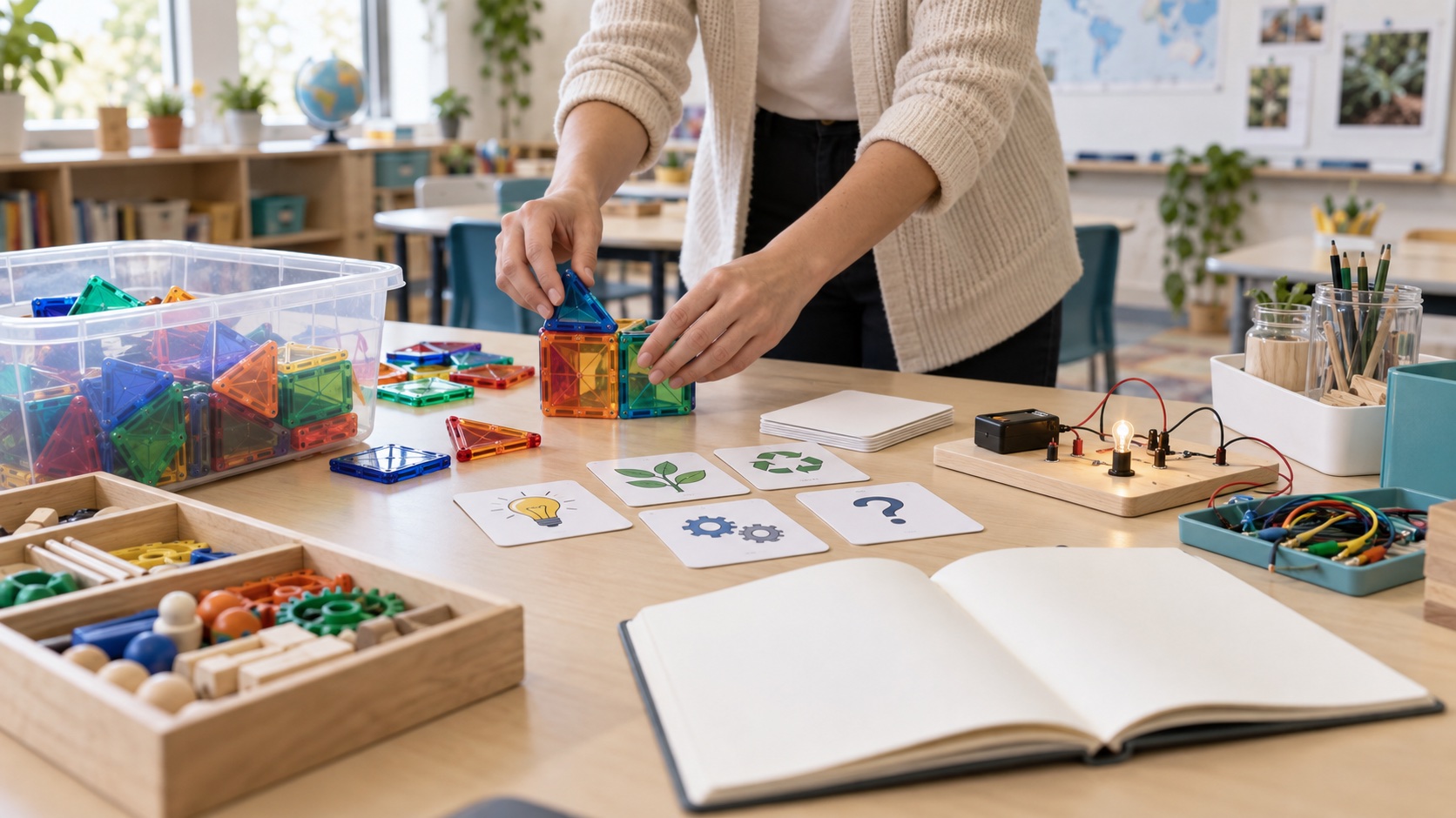 Illustrative classroom setup with hands-on STEM toys, activity cards, and a simple circuit activity