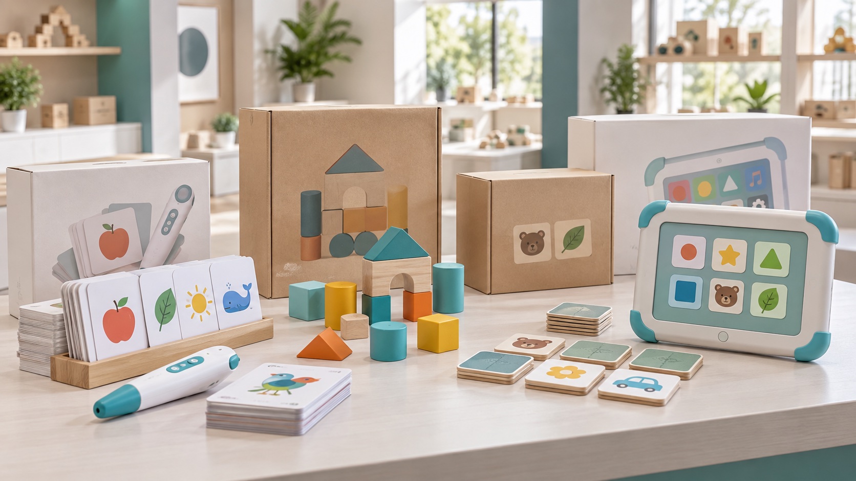 Illustrative assortment of finished educational toys prepared for retail buyers
