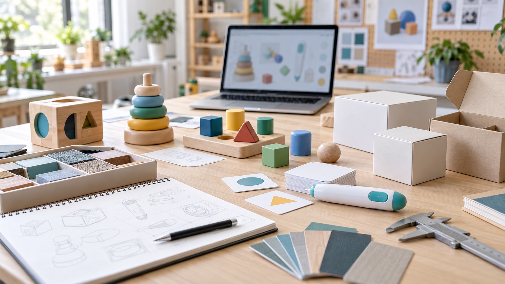Illustrative product development workspace with educational toy prototypes and customization samples