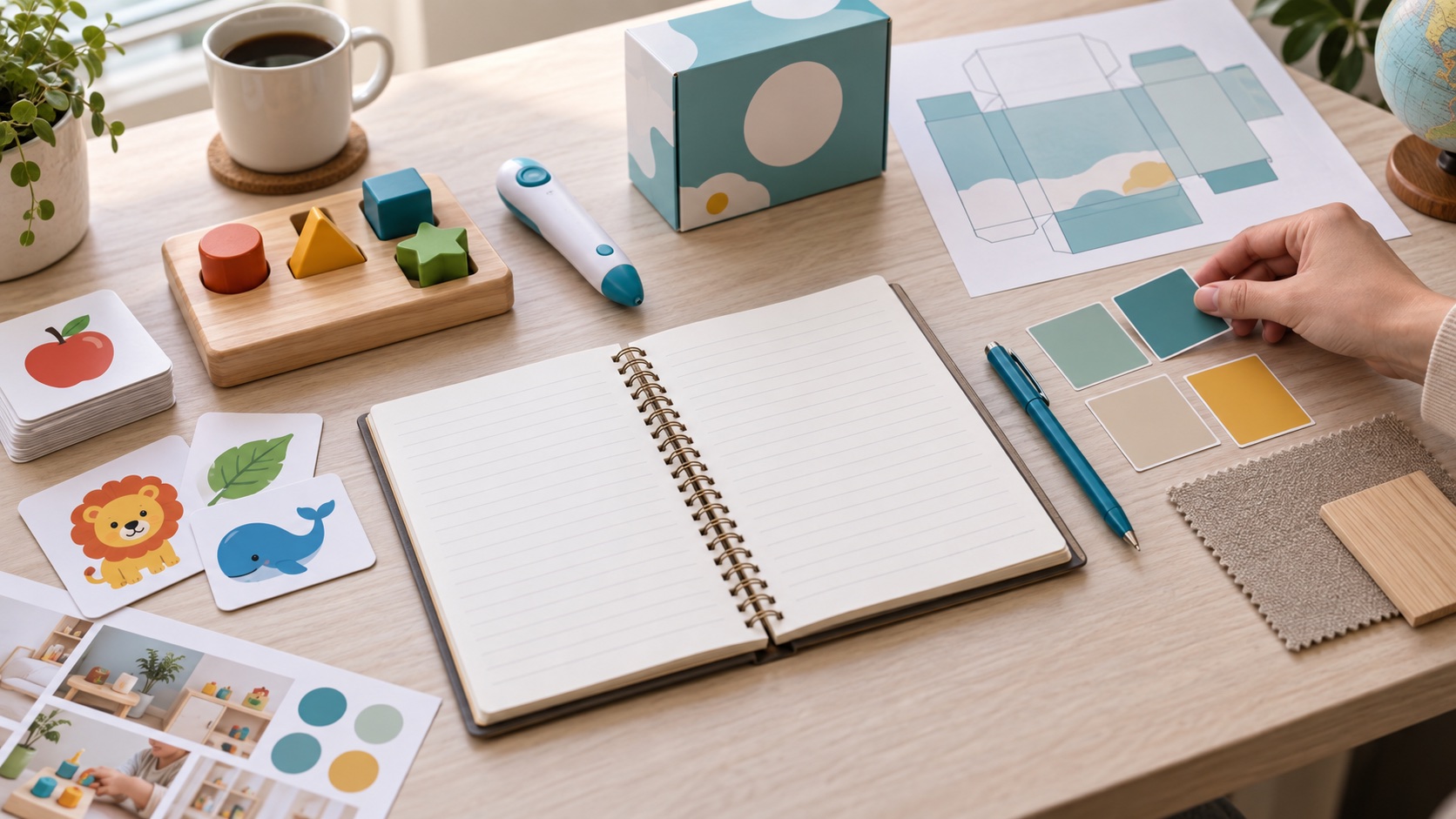 Illustrative planning workspace with educational toy samples, packaging mockup, and color swatches